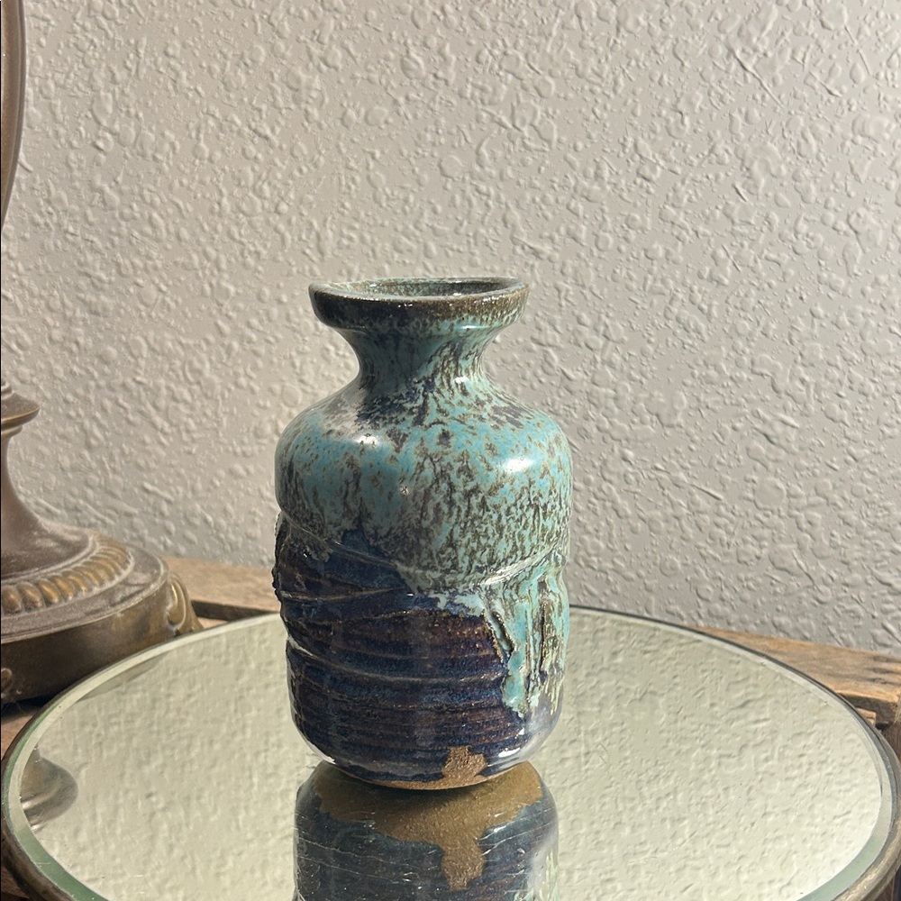 Artisan Blue and Brown Studio Pottery Vase Signed dark academia, dad core